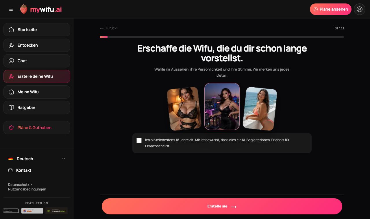 Erster Schritt im mywifu-Editor mit der Wahl zwischen realistischem, Anime- und illustriertem Stil