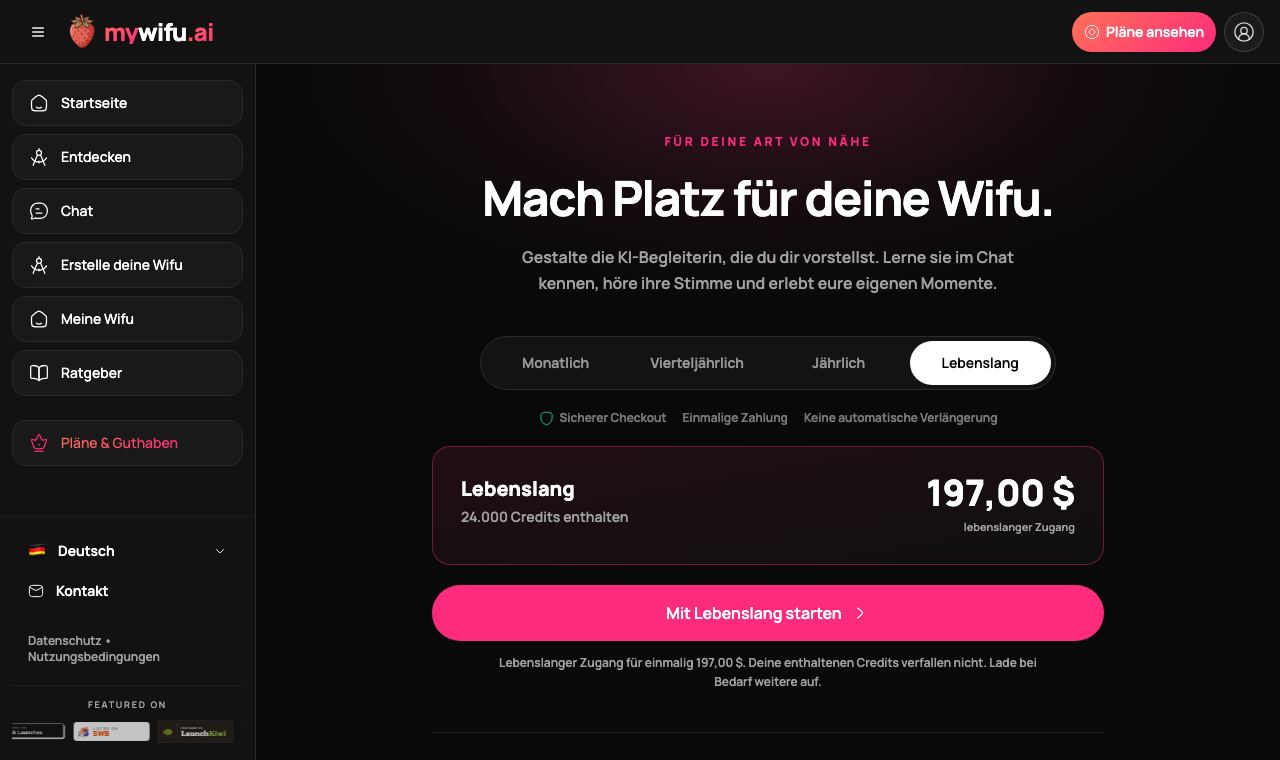 Die mywifu-Preisseite mit Einmalzahlungen und enthaltenen Credits