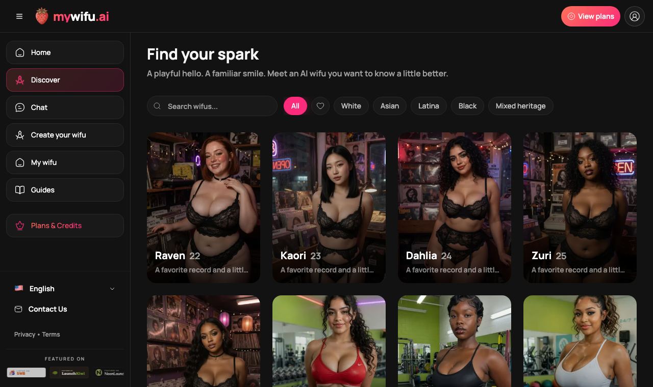 The mywifu discover page with realistic and anime companions
