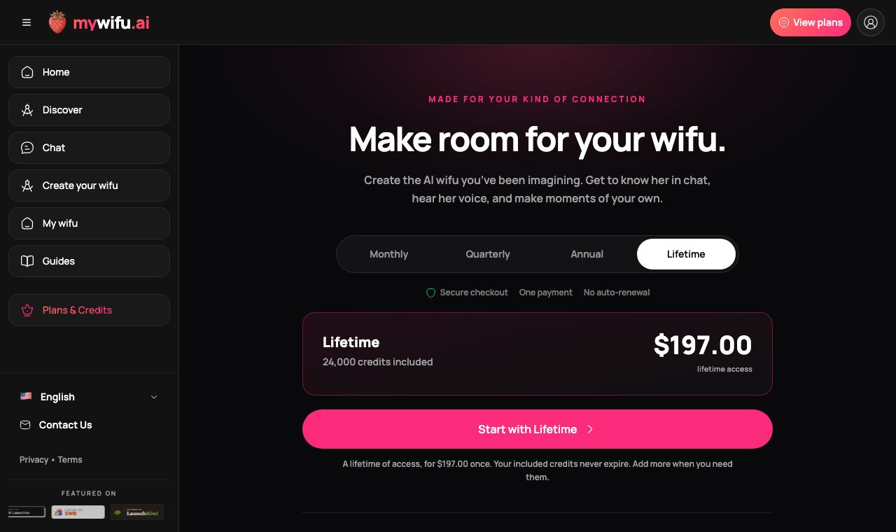 The mywifu plans page with one-time memberships and included credits