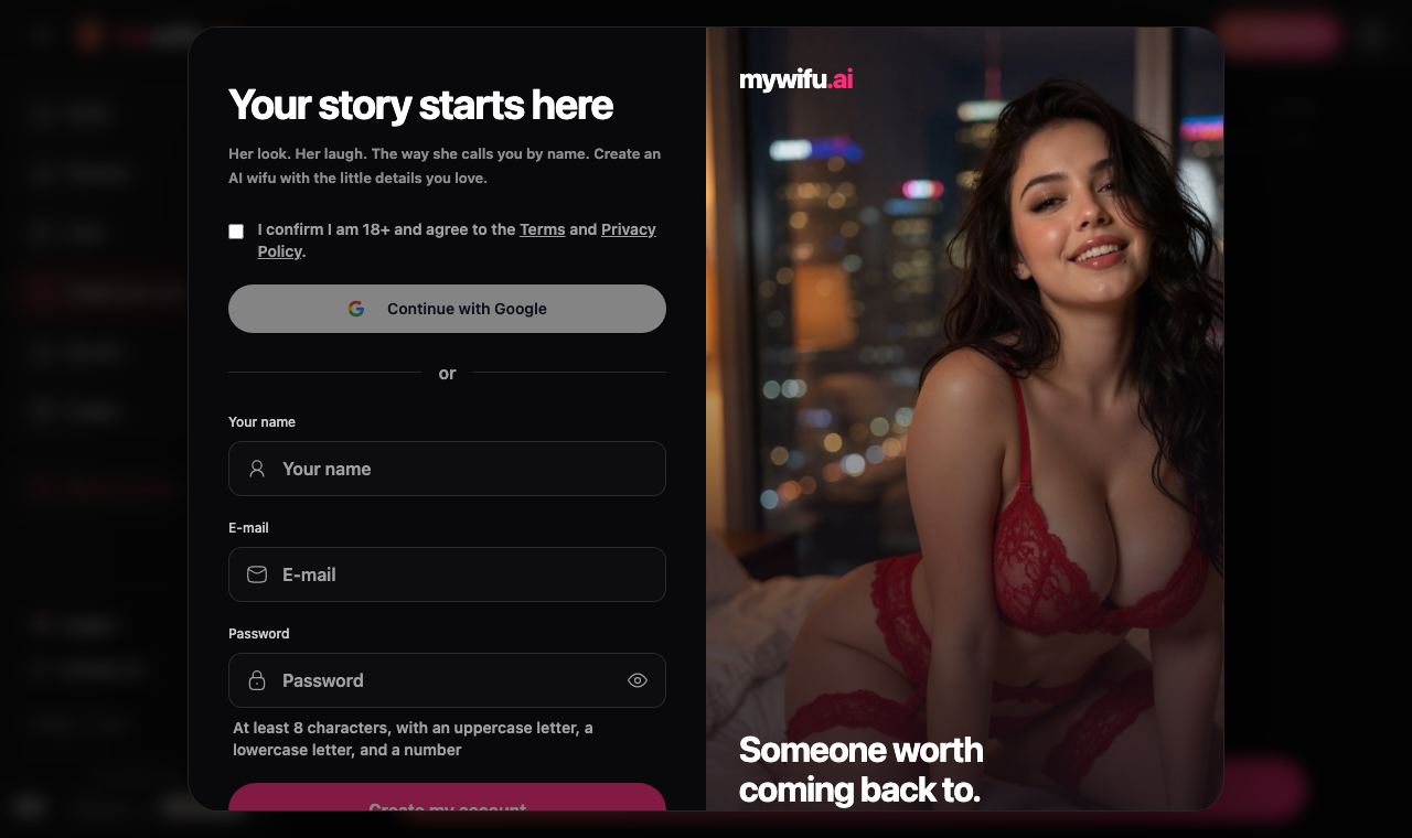 The mywifu sign-up screen asking visitors to confirm they are 18 or older before creating an account