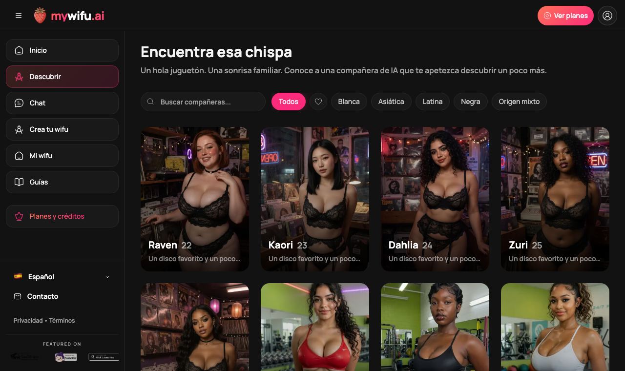 La página Discover de mywifu muestra compañeras adultas ya creadas con nombre, edad y una frase de presentación