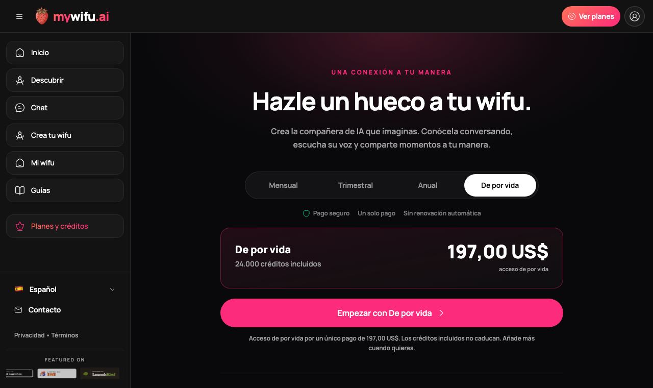 La página de planes de mywifu con membresías de pago único y créditos incluidos