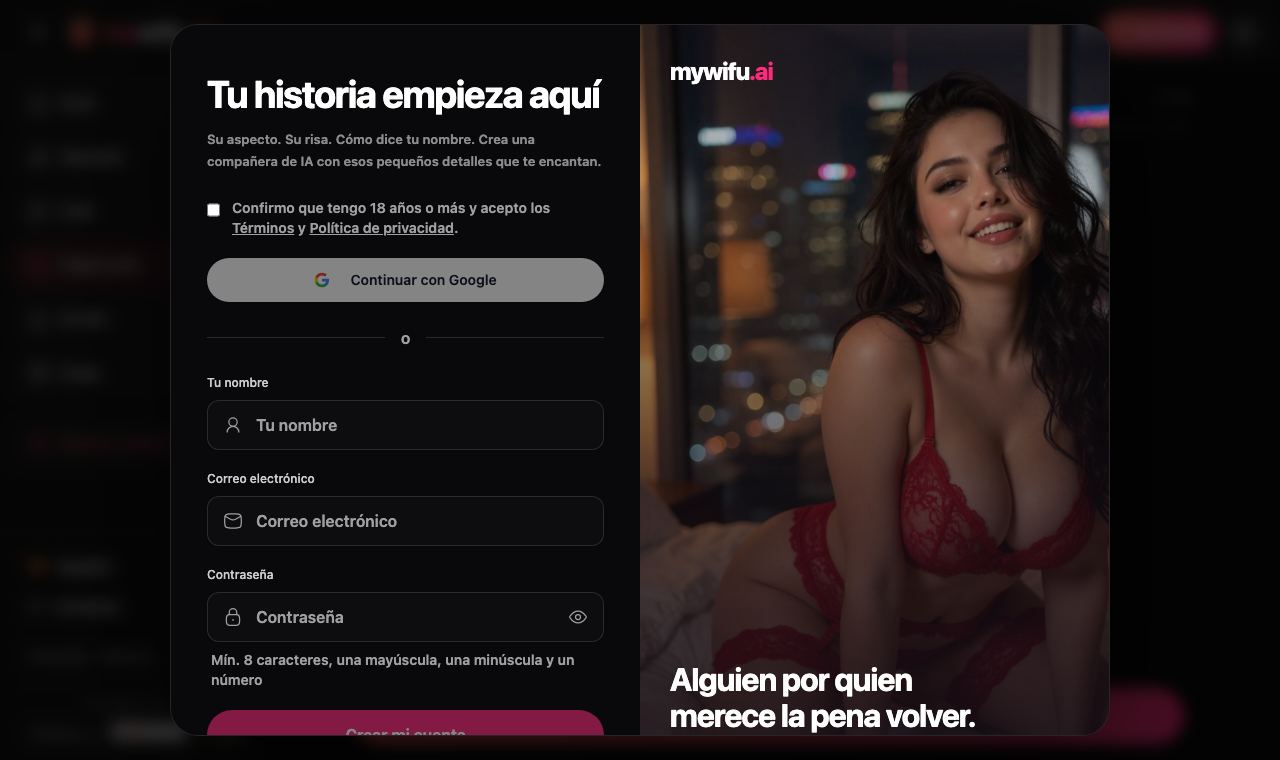 La pantalla de registro de mywifu pide confirmar que tienes 18 años o más antes de crear una cuenta