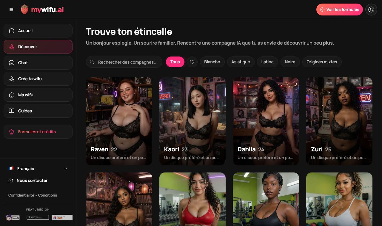 La page Discover de mywifu liste des compagnes adultes prêtes à l'emploi avec un nom, un âge et une courte présentation