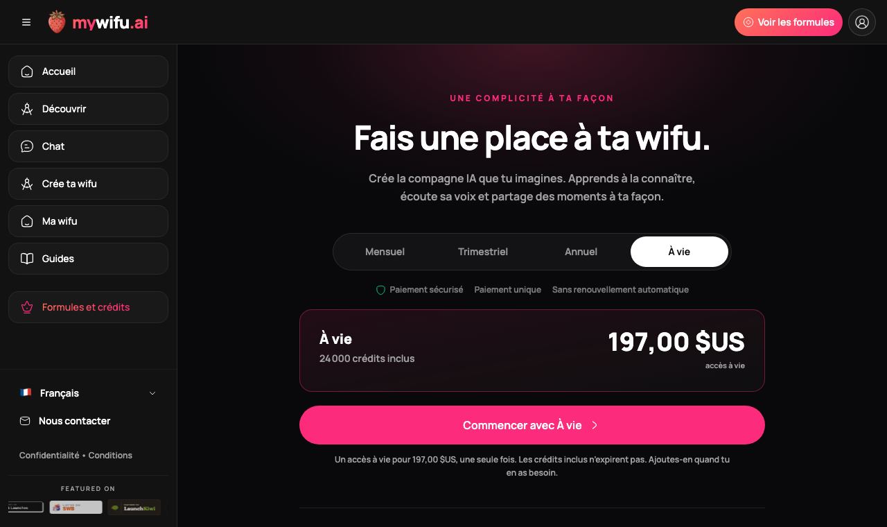 La page des formules mywifu, avec des paiements uniques et des crédits inclus